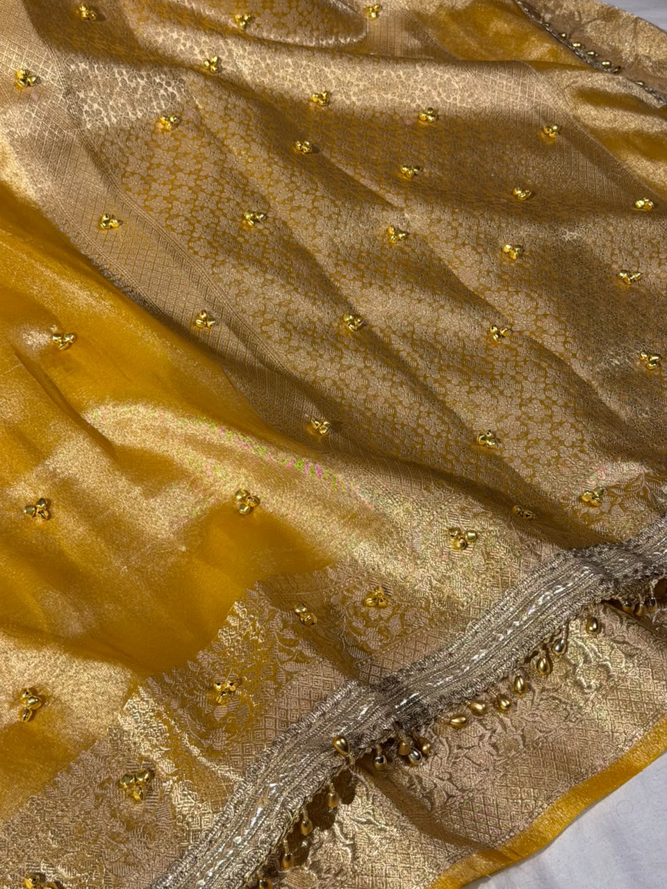 Metallic Yellow Kora Tissue Viral Ghungroo Saree