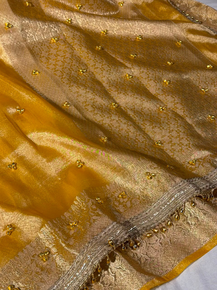 Metallic Yellow Kora Tissue Viral Ghungroo Saree