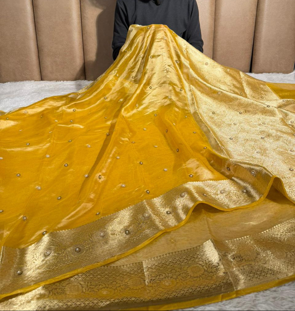 Metallic Yellow Pure Tissue Moti Handwork Saree