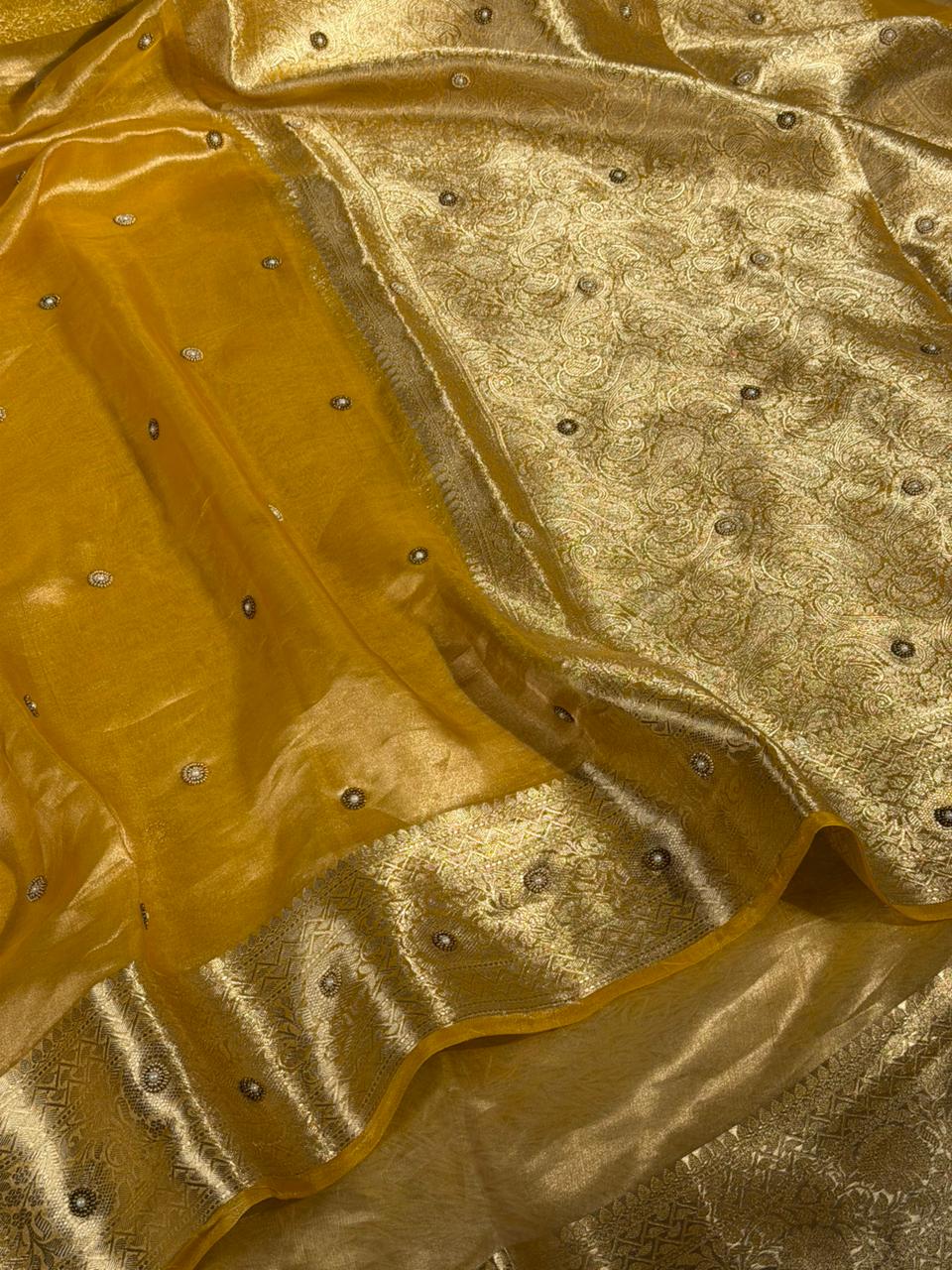 Metallic Yellow Pure Tissue Moti Handwork Saree