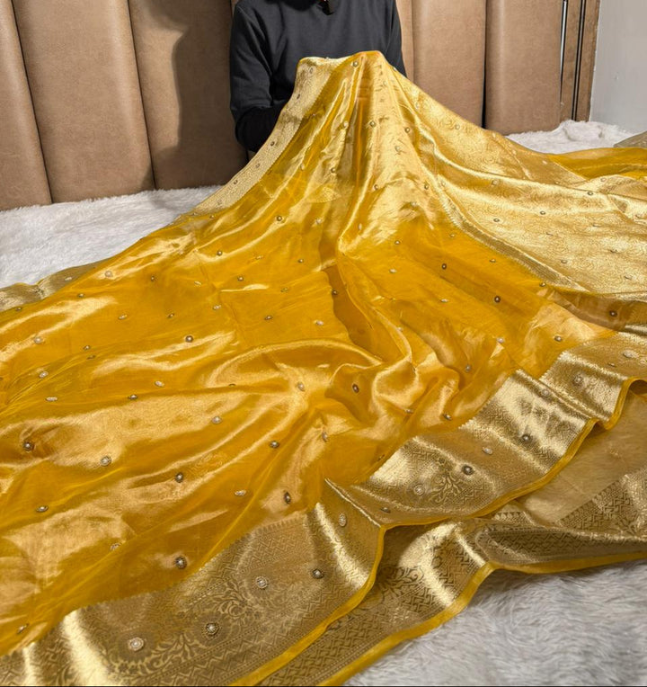 Metallic Yellow Pure Tissue Moti Handwork Saree