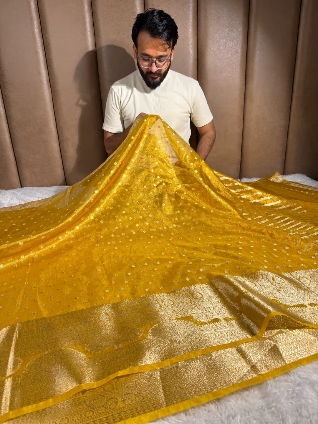 Metallic Yellow Tissue Silk Eccentric Traditional Weave Banarasi Saree 