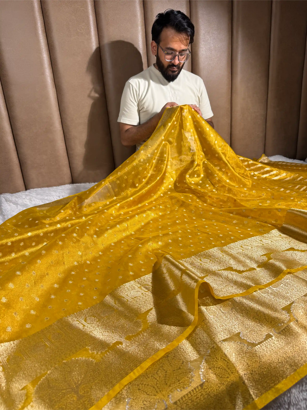 Metallic Yellow Tissue Silk Eccentric Traditional Weave Banarasi Saree 