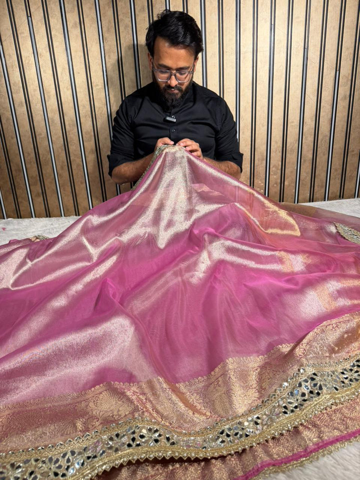 Metallic Baby Pink Bridal Tissue Silk Mirror Work Banarasi Saree