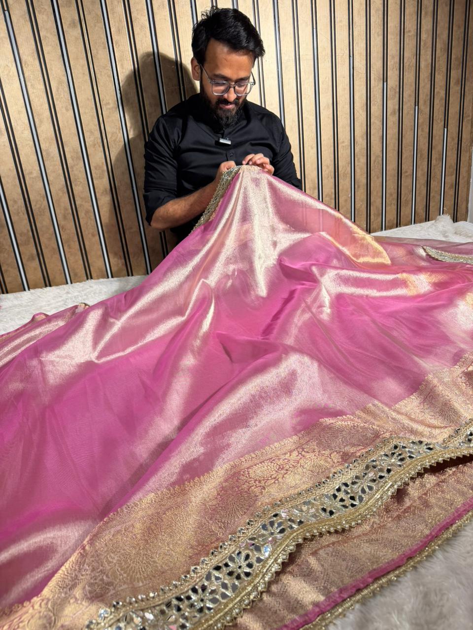 Metallic Baby Pink Bridal Tissue Silk Mirror Work Banarasi Saree