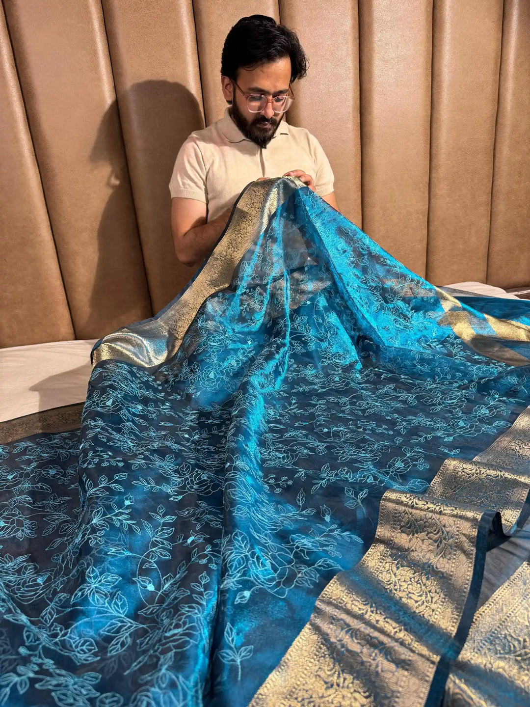 Metallic Electric Blue Tissue Silk Chikankari Work Banarasi Saree