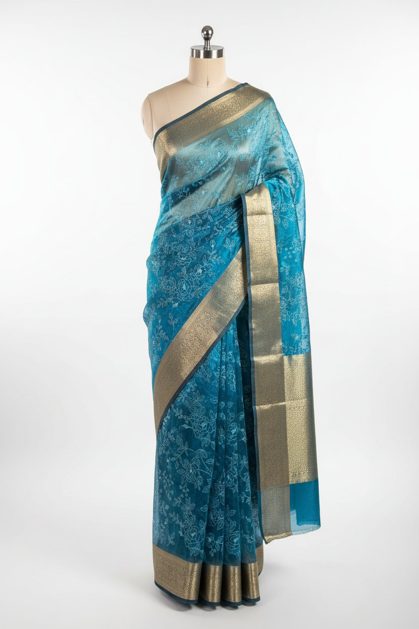 Metallic Electric Blue Tissue Silk Chikankari Work Banarasi Saree