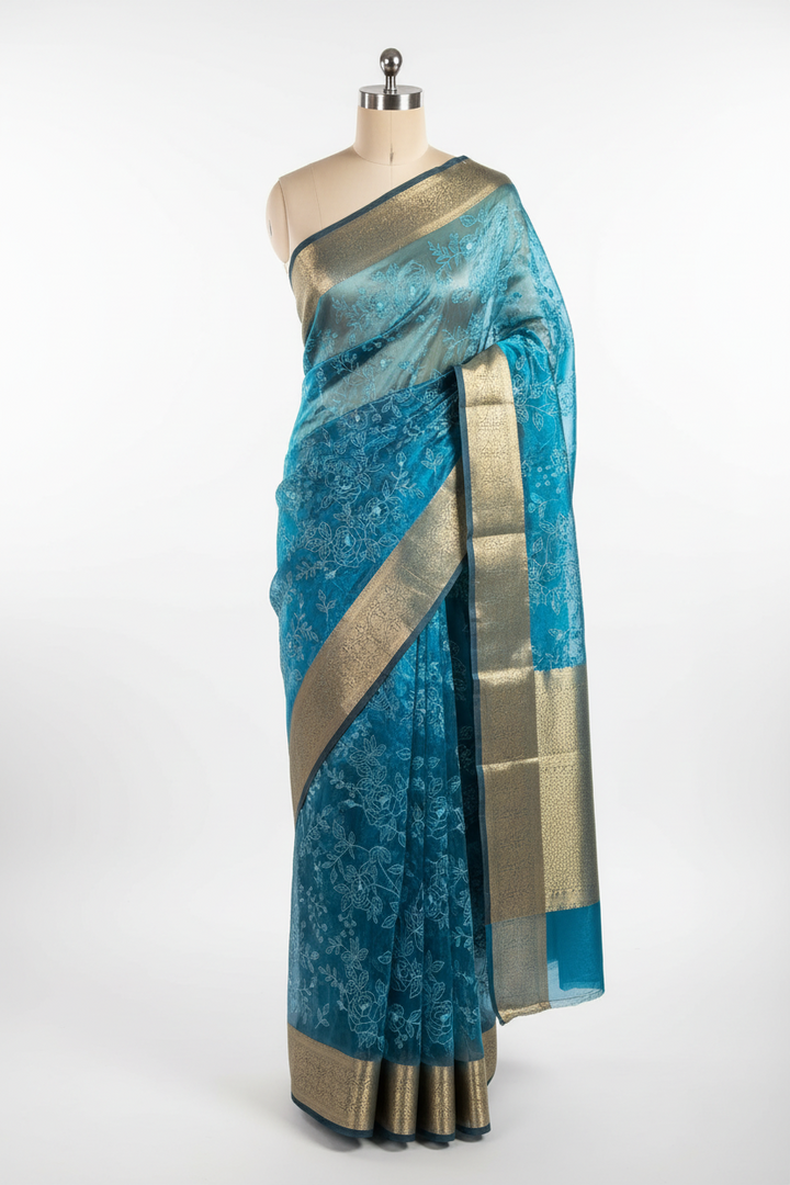 Metallic Electric Blue Tissue Silk Chikankari Work Banarasi Saree