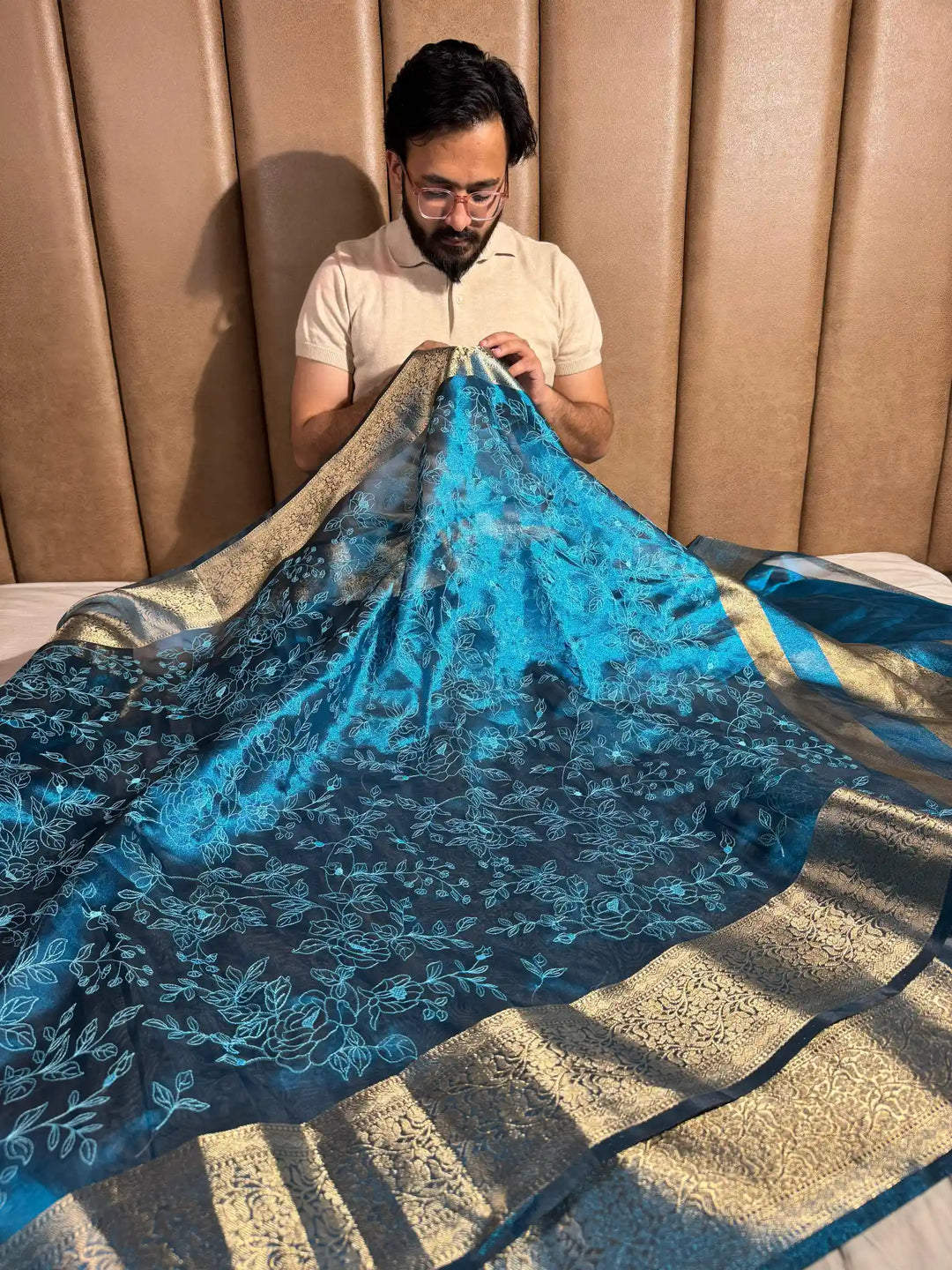 Metallic Electric Blue Tissue Silk Chikankari Work Banarasi Saree