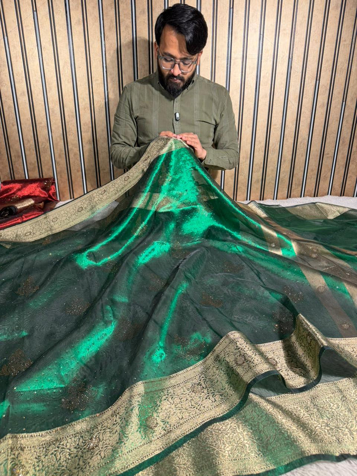 Metallic Green Kora Tissue Silk Swarovski Work Saree