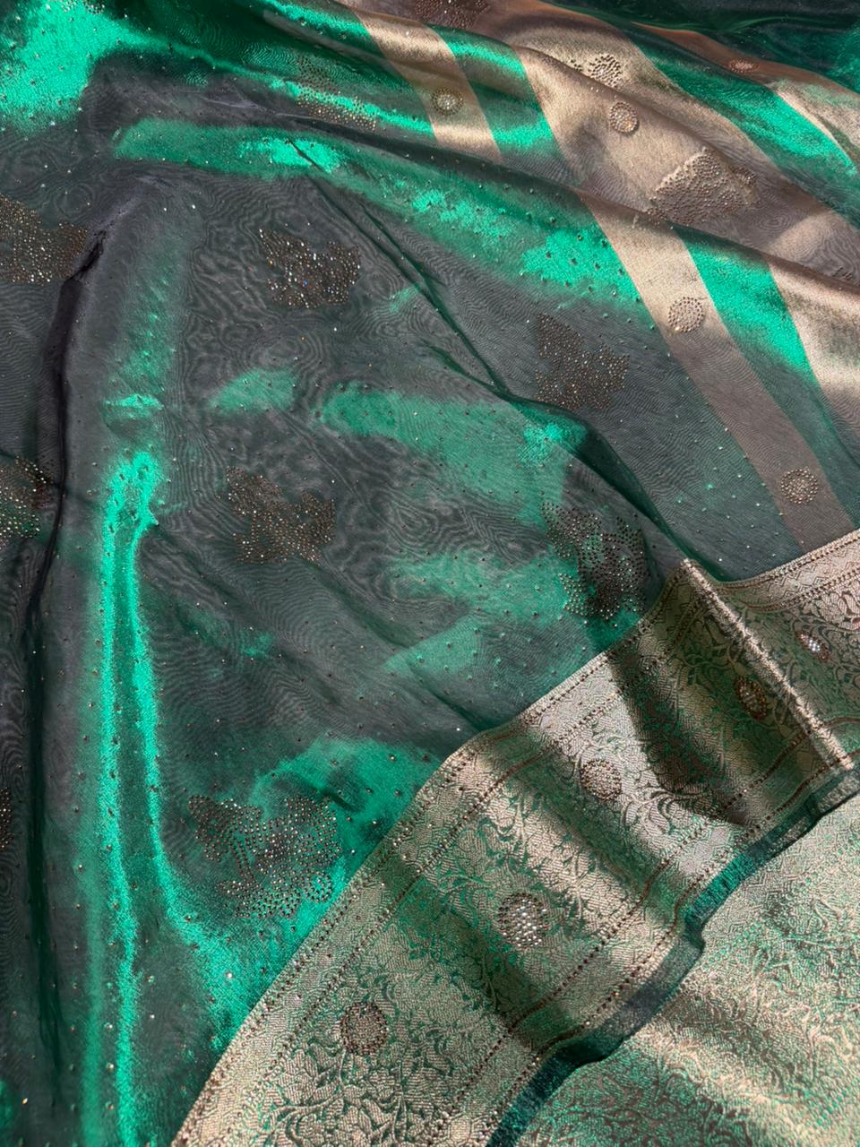 Metallic Green Kora Tissue Silk Swarovski Work Saree