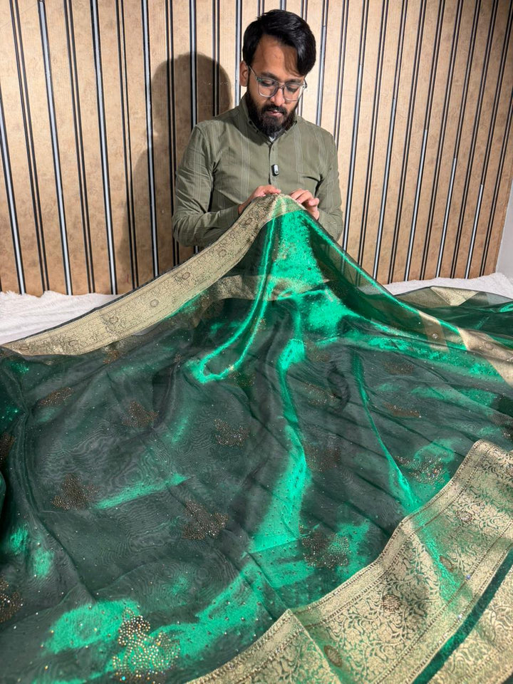 Metallic Green Kora Tissue Silk Swarovski Work Saree