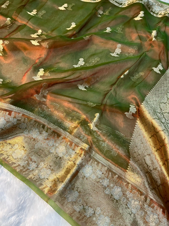 Metallic Green Pure Tissue Silk Traditional Banarasi Saree