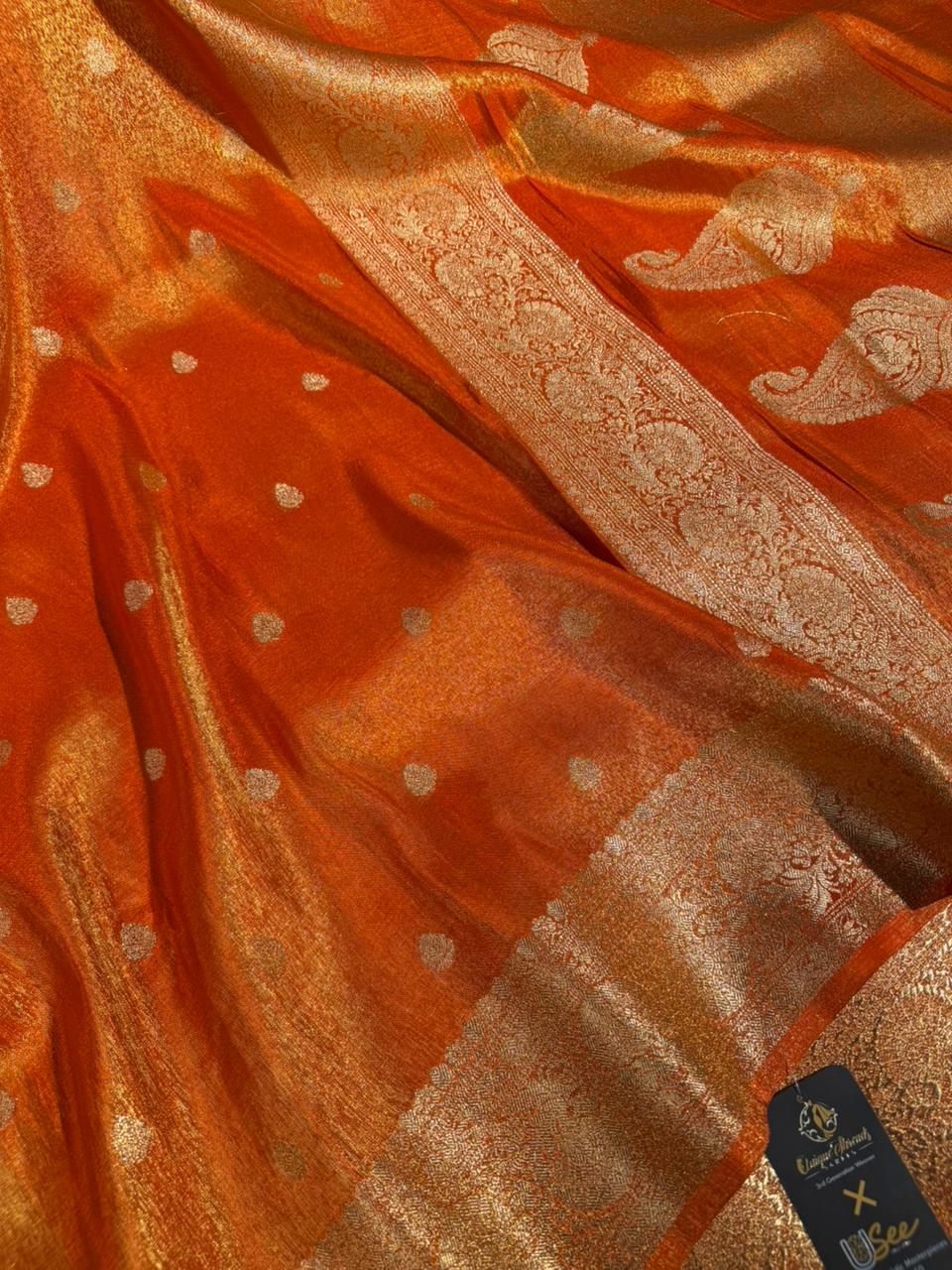 Metallic Orange Breathable Soft Tissue Silk Banarasi saree