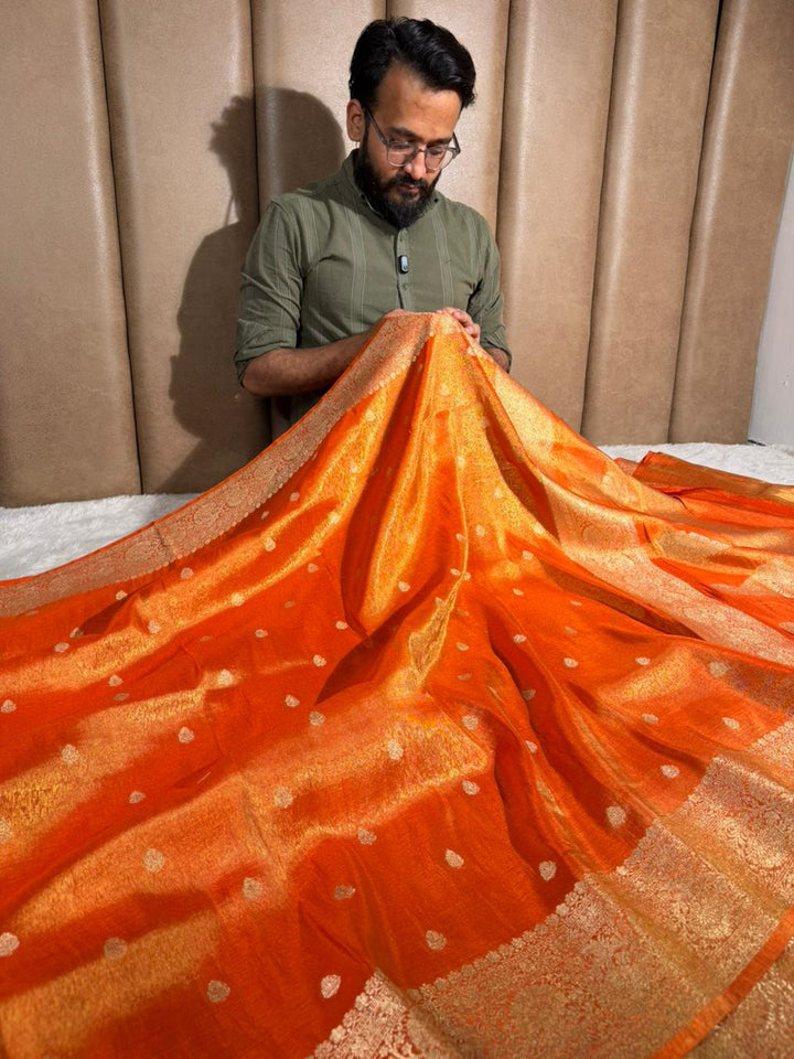 Metallic Orange Breathable Soft Tissue Silk Banarasi saree