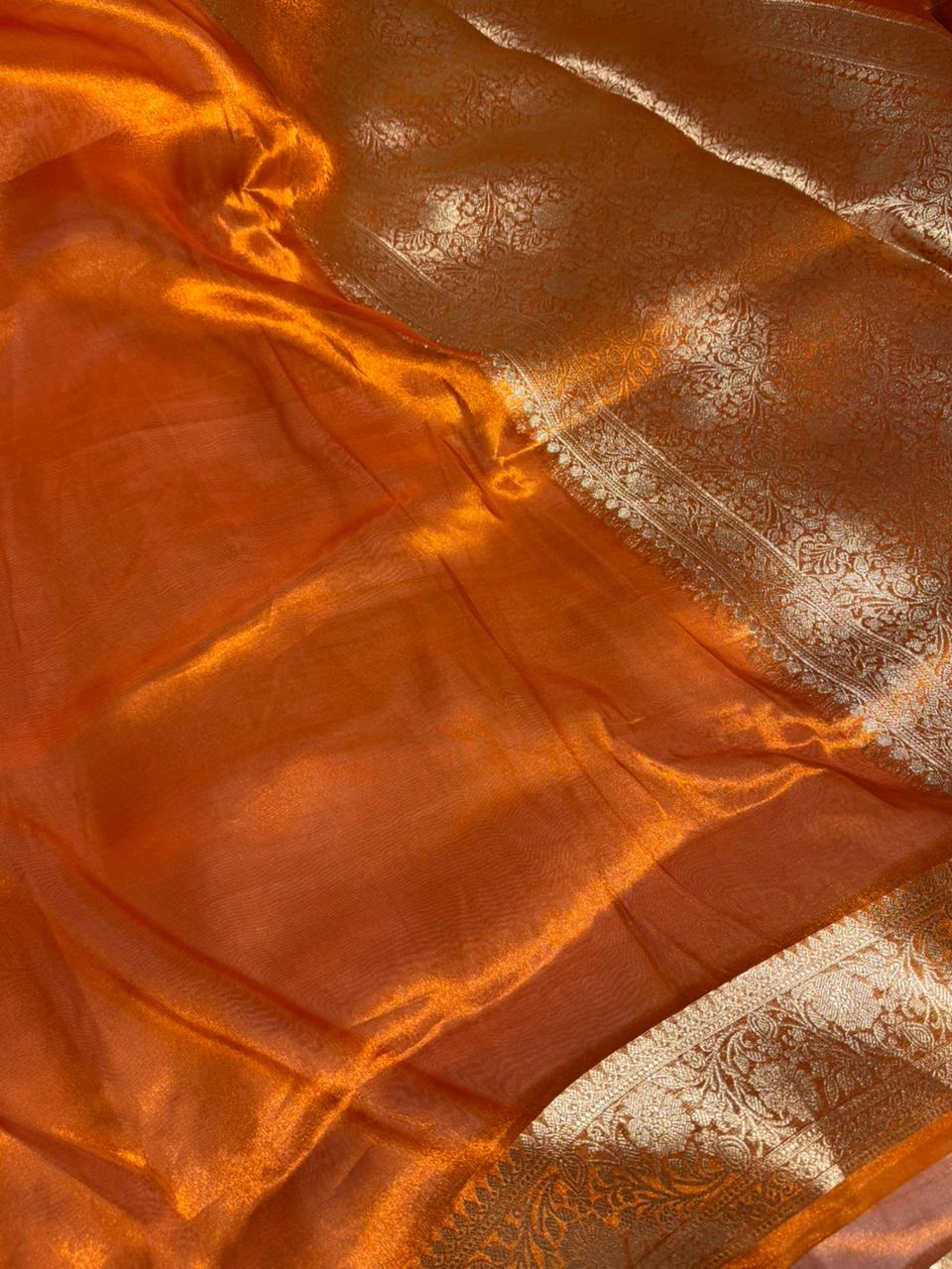 Metallic Orange Pure Tissue Silk Traditional Weave Banarasi Saree