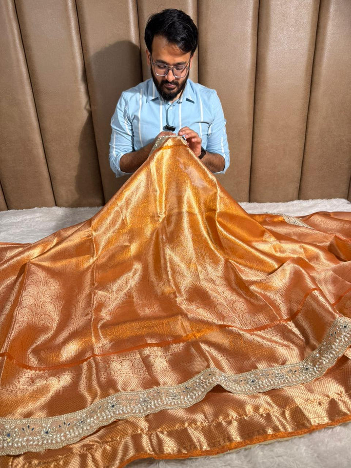 Metallic Orange Tissue Kanjivaram Brocade Heavy Gota Lace Attached Banarasi Saree