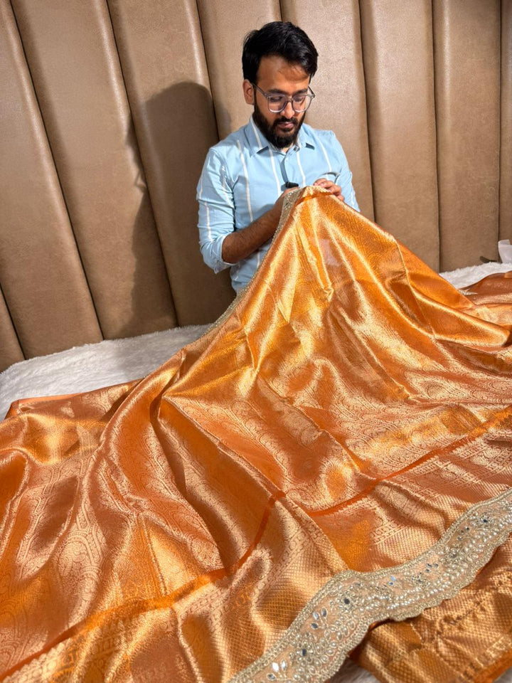 Metallic Orange Tissue Kanjivaram Brocade Heavy Gota Lace Attached Banarasi Saree
