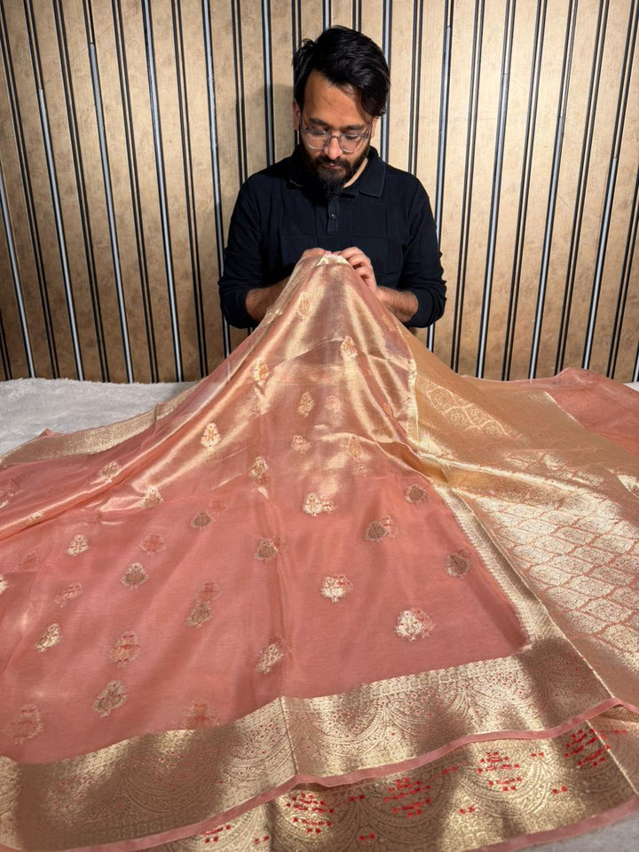 Metallic Peach Pure Tissue silk Meenakari Banarasi Saree