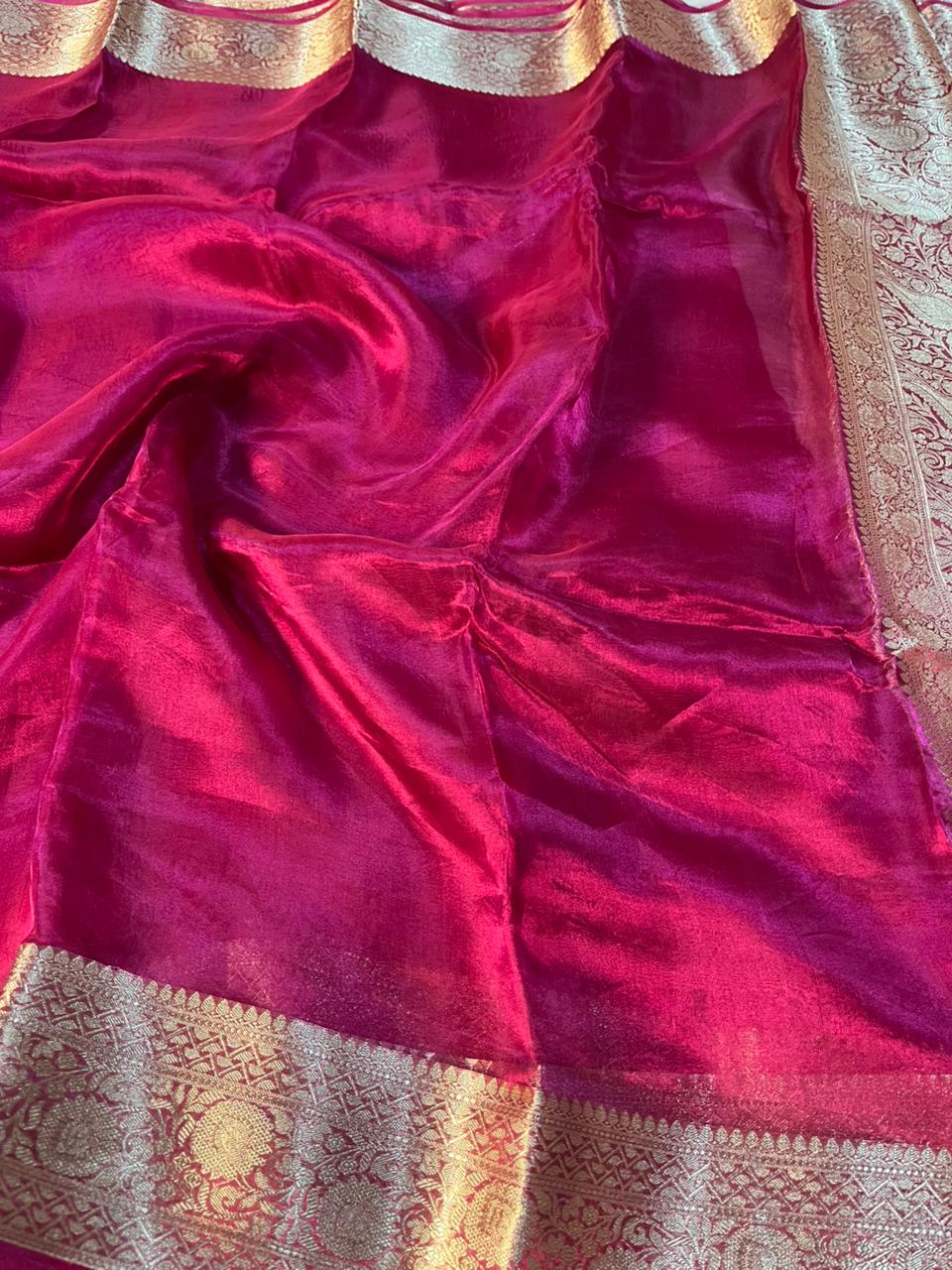 Metallic Rani Pink Pure Tissue Silk Border Saree