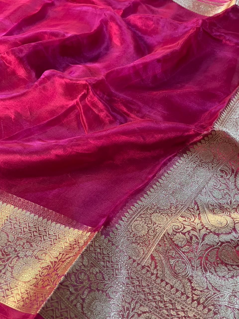 Metallic Rani Pink Pure Tissue Silk Border Saree