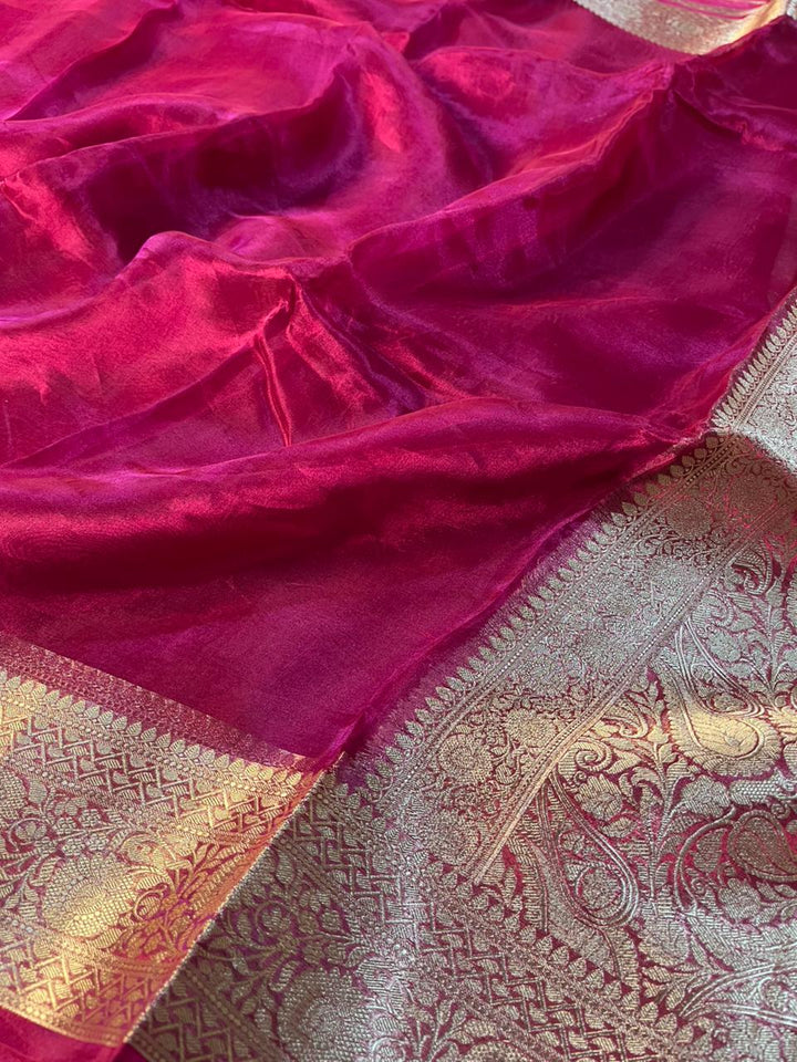 Metallic Rani Pink Pure Tissue Silk Border Saree