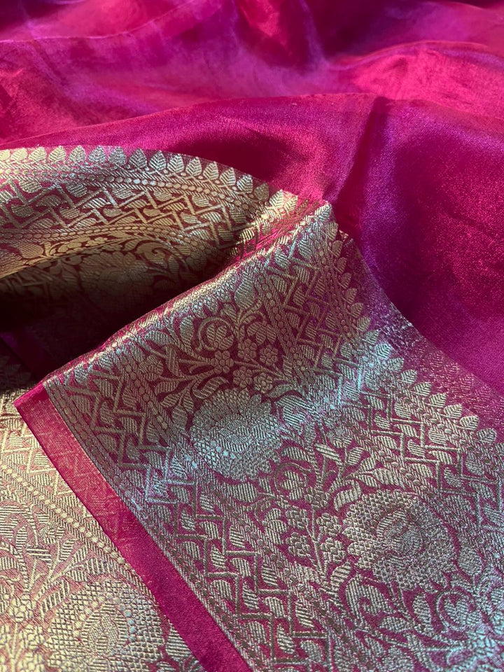 Metallic Rani Pink Pure Tissue Silk Border Saree