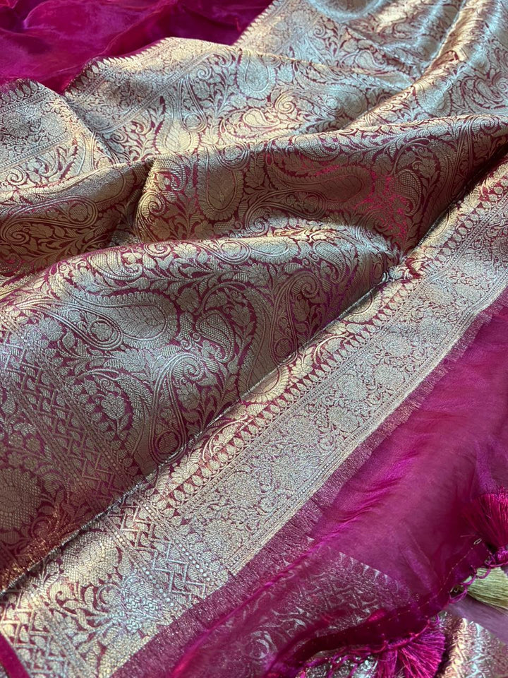 Metallic Rani Pink Pure Tissue Silk Banarasi Saree