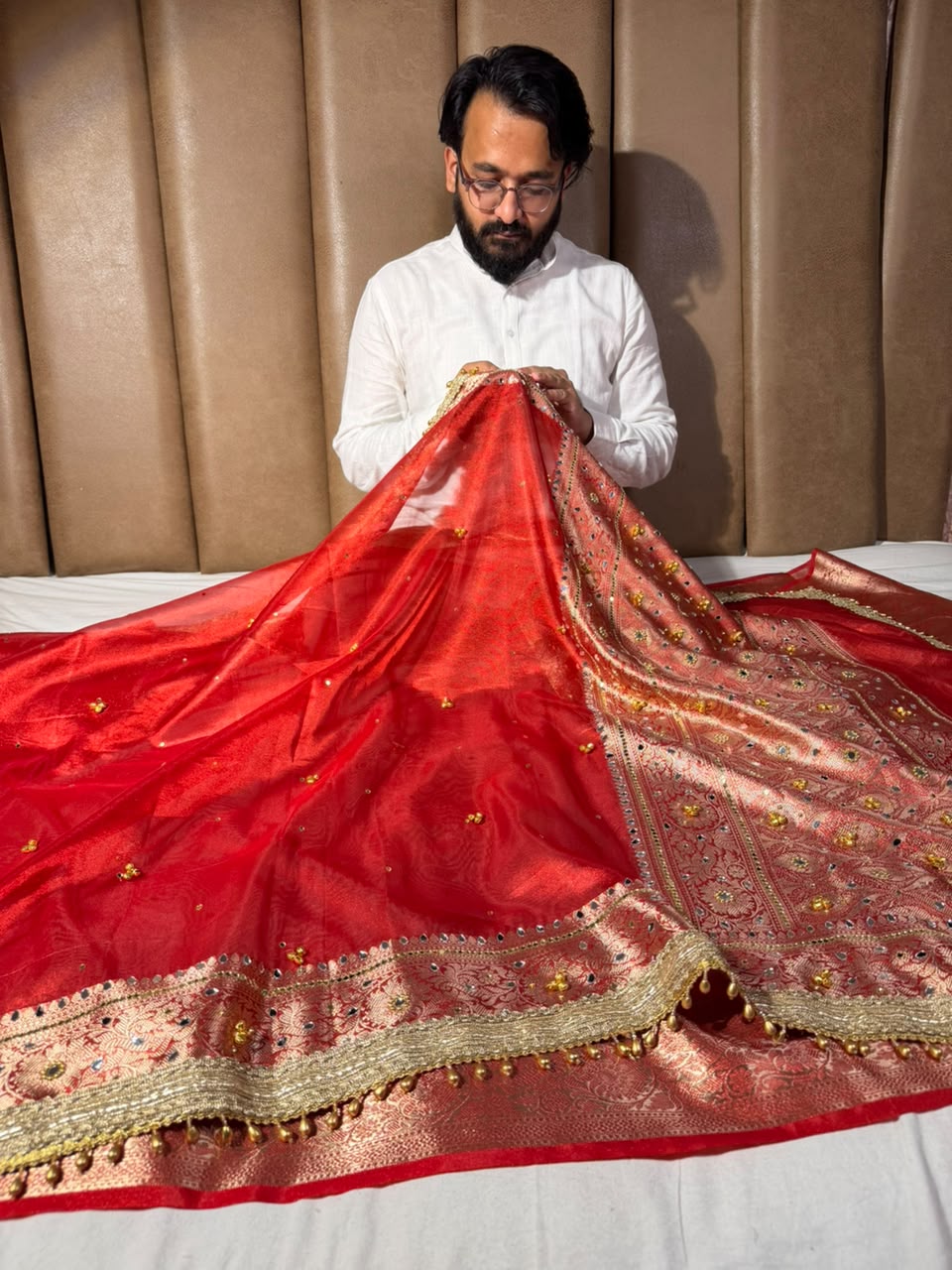 Metallic Red Kora Tissue Viral Ghungroo Saree