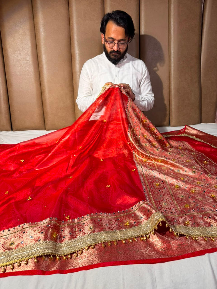 Metallic Red Kora Tissue Viral Ghungroo Saree