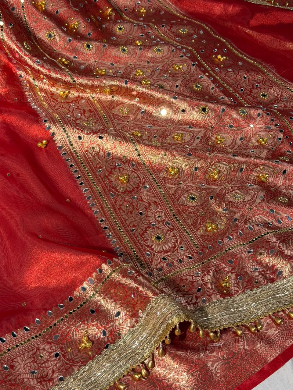 Metallic Red Kora Tissue Viral Ghungroo Saree