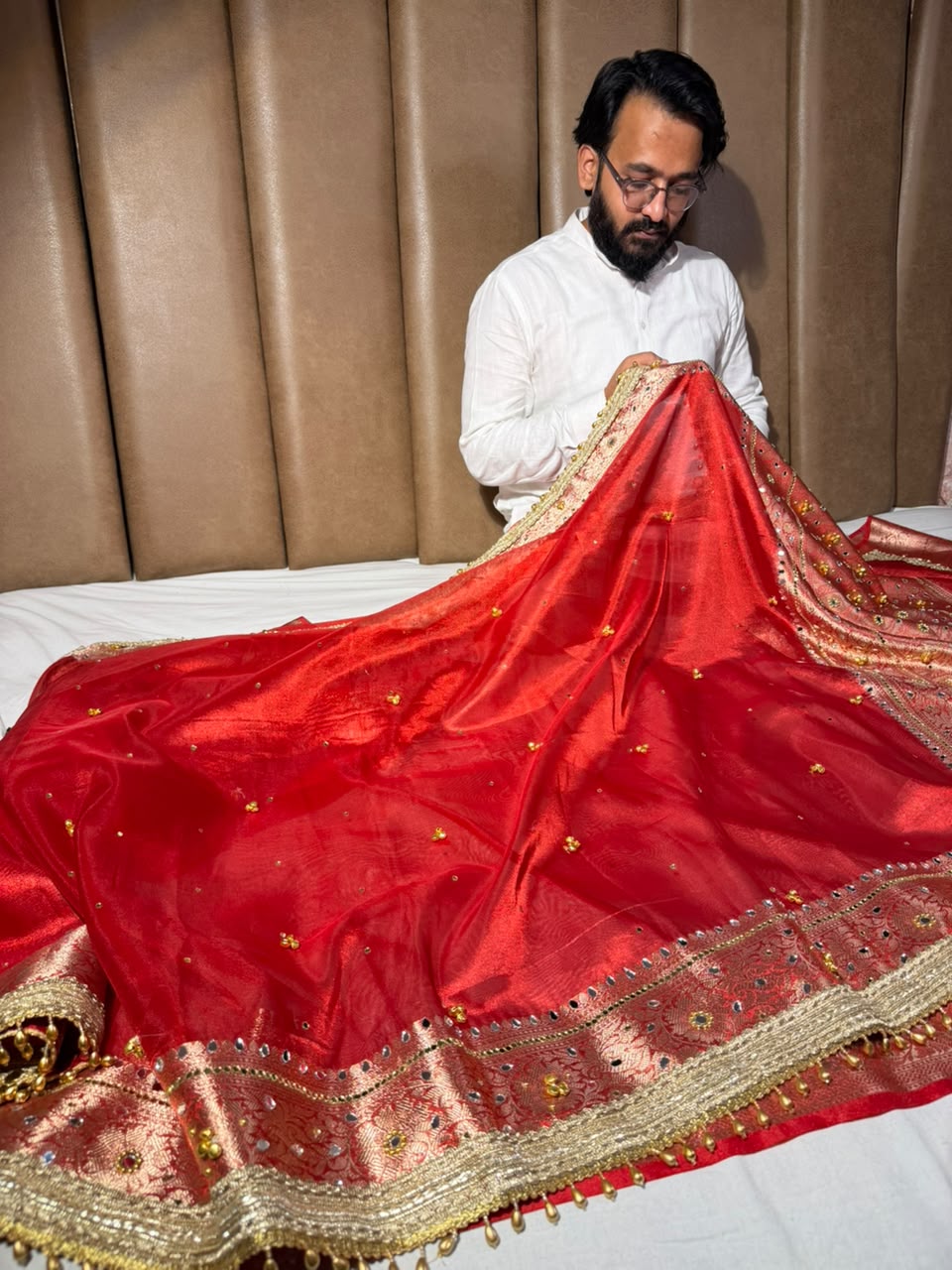 Metallic Red Kora Tissue Viral Ghungroo Saree