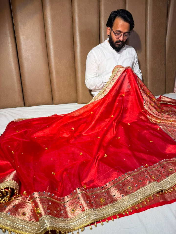 Metallic Red Kora Tissue Viral Ghungroo Saree