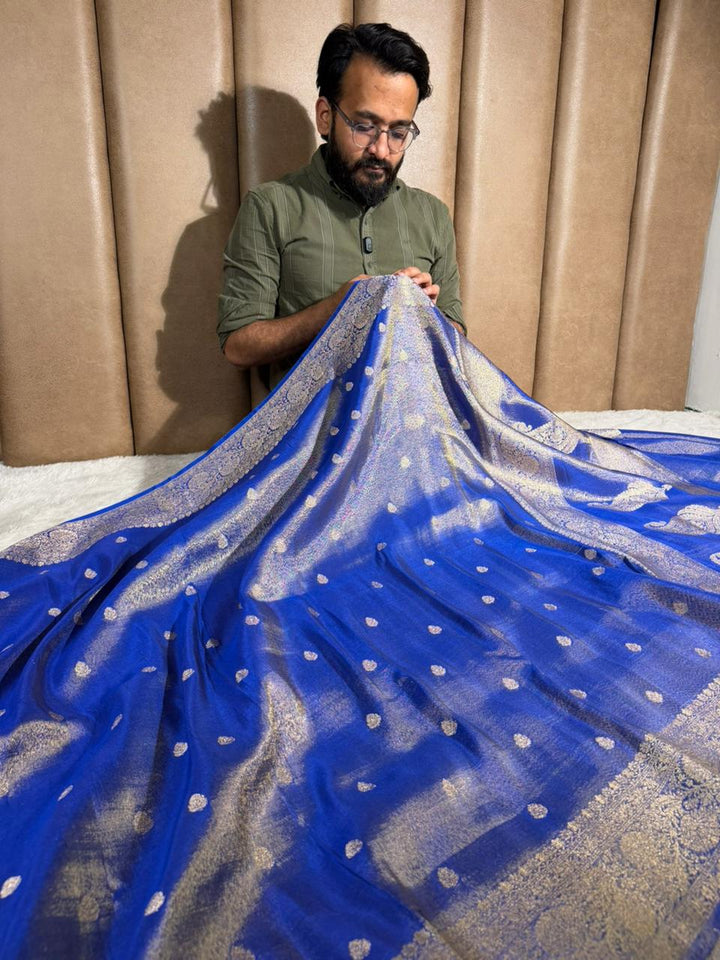 Metallic Royal blue breathable Katan tissue saree