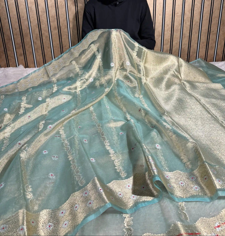Metallic Sky Blue Kora Tissue Silk Meenakari Traditional Weave Banarasi Saree