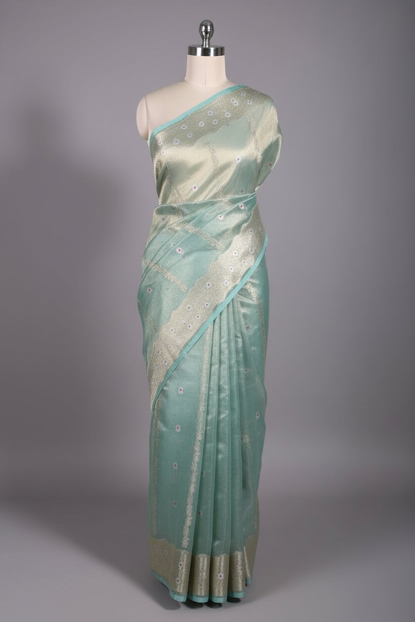Metallic Sky Blue Kora Tissue Silk Meenakari Traditional Weave Banarasi Saree