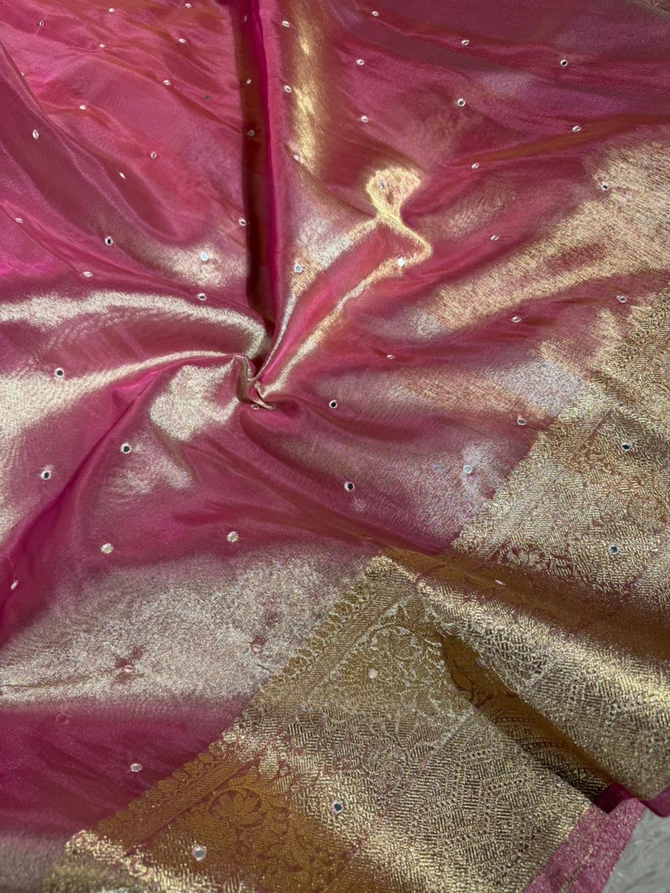 Metallic pink Kora tissue mirror work Banarasi saree