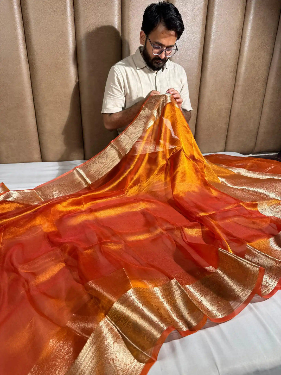 Metallic orange pure tissue silk Banarasi saree