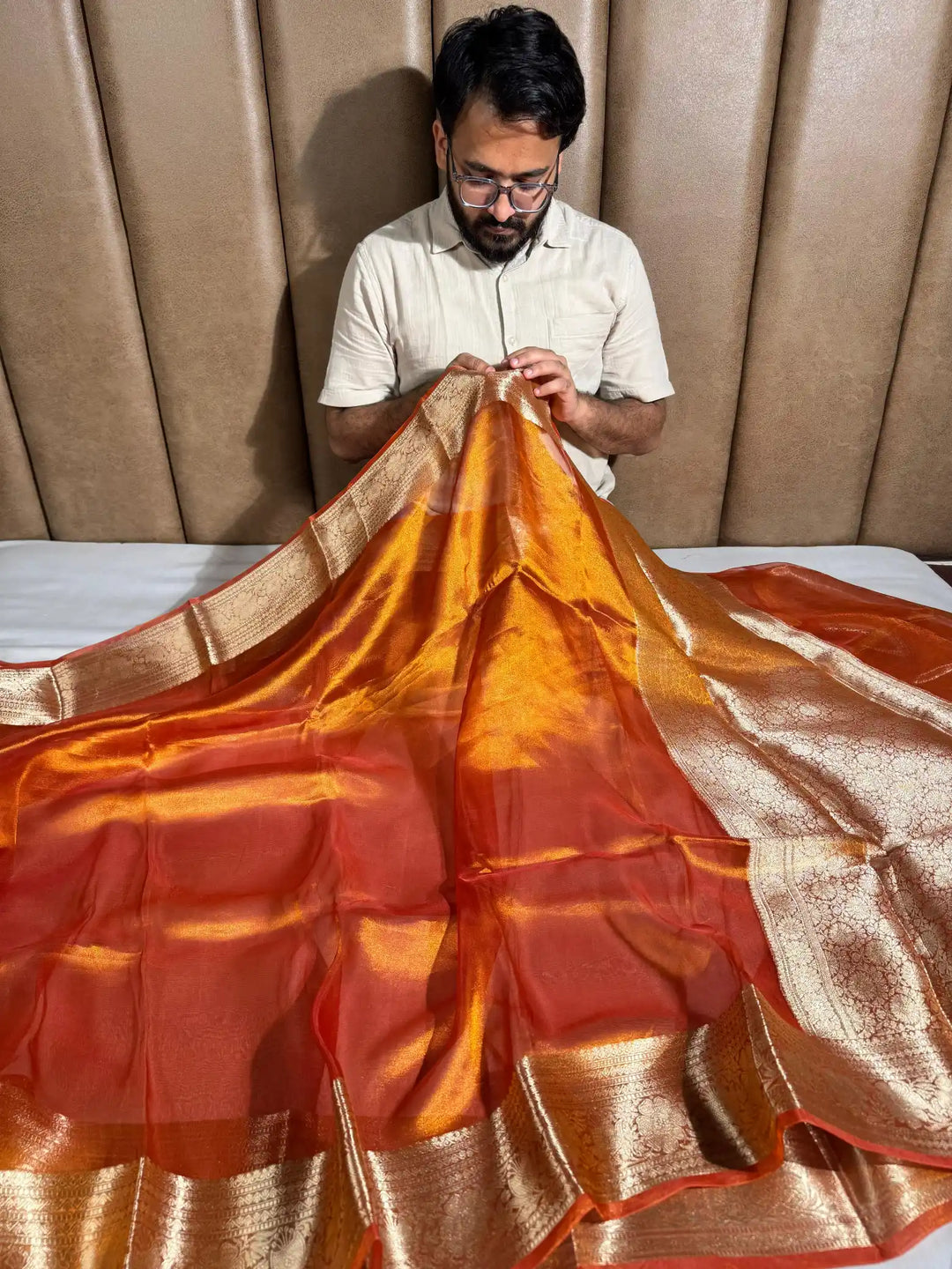 Metallic orange pure tissue silk Banarasi saree