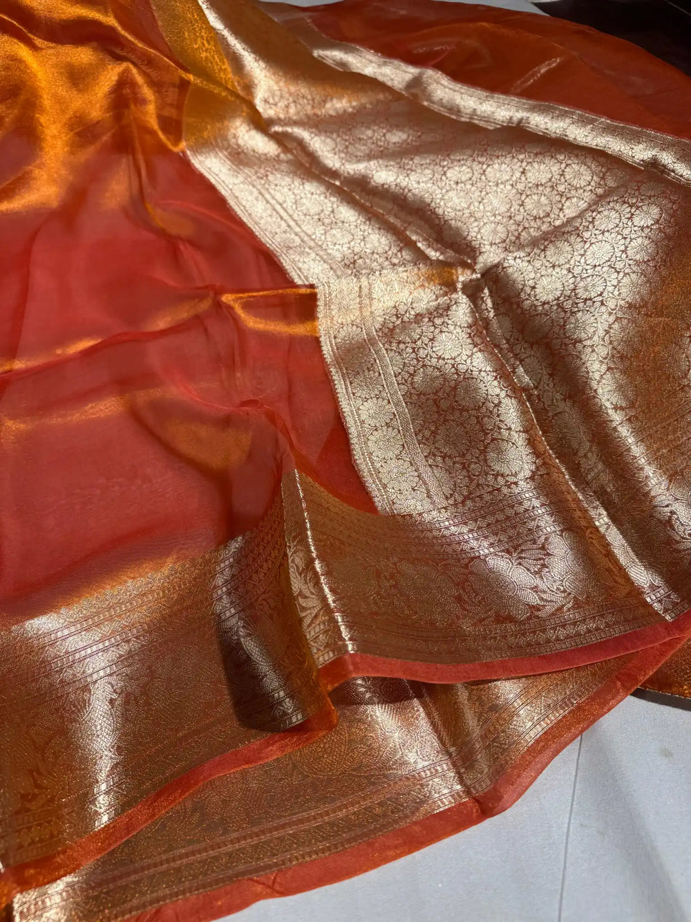 Metallic orange pure tissue silk Banarasi saree