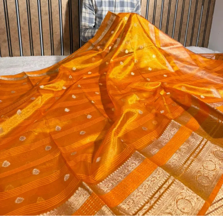 Metallic orange traditional tissue silk Banarasi saree