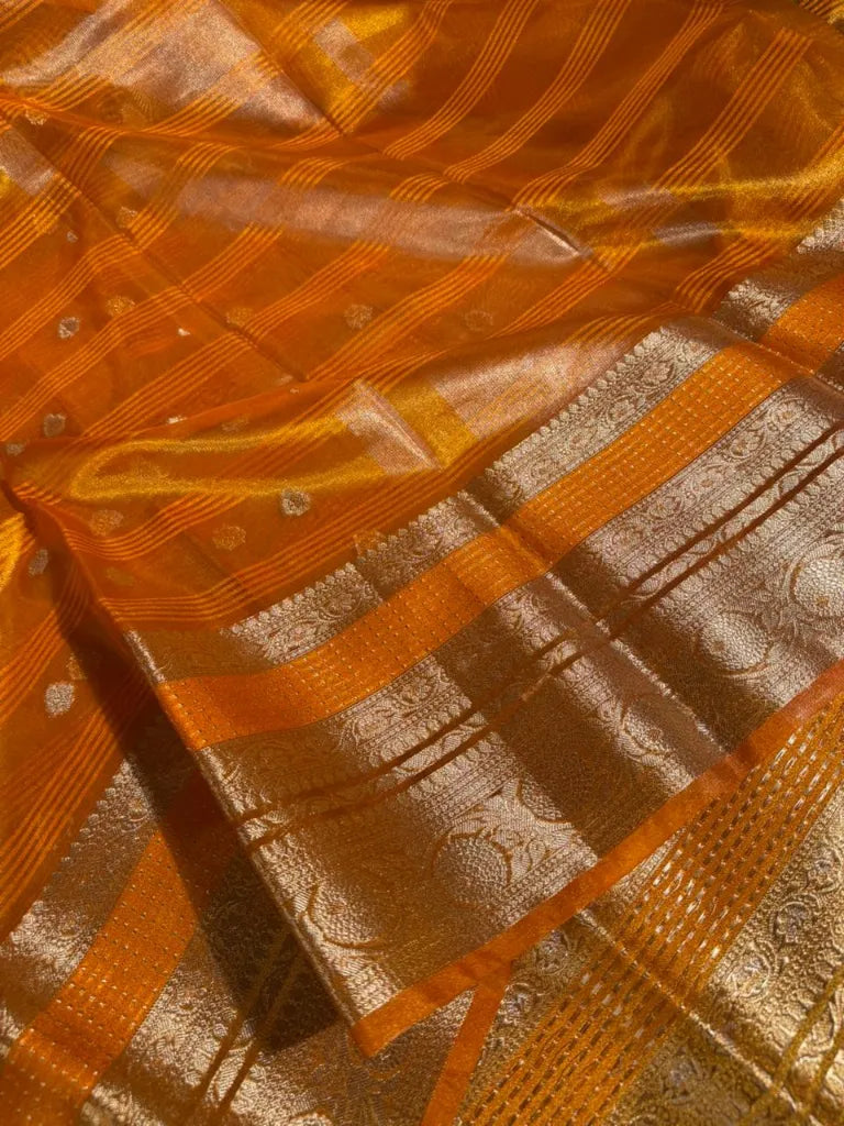 Metallic orange traditional tissue silk Banarasi saree