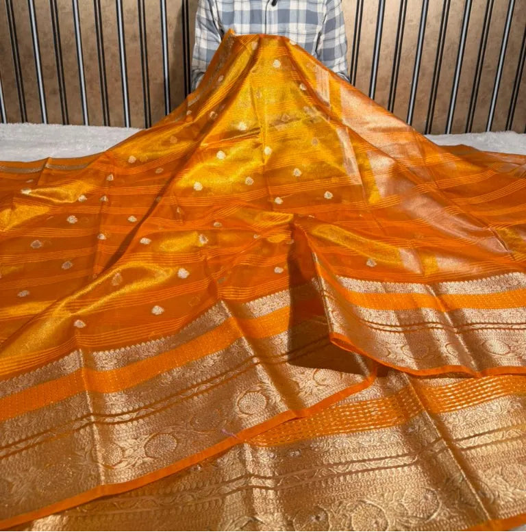 Metallic orange traditional tissue silk Banarasi saree