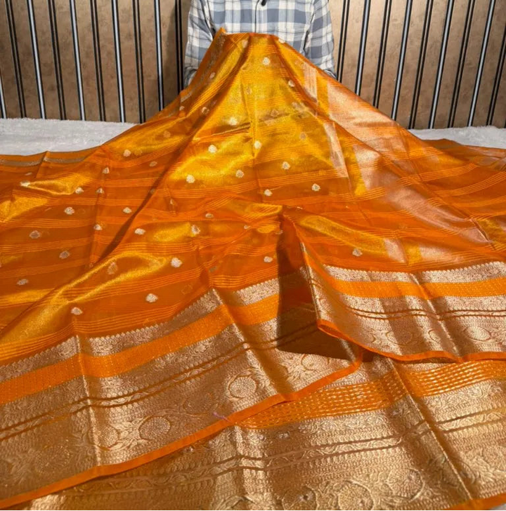 Metallic orange traditional tissue silk Banarasi saree