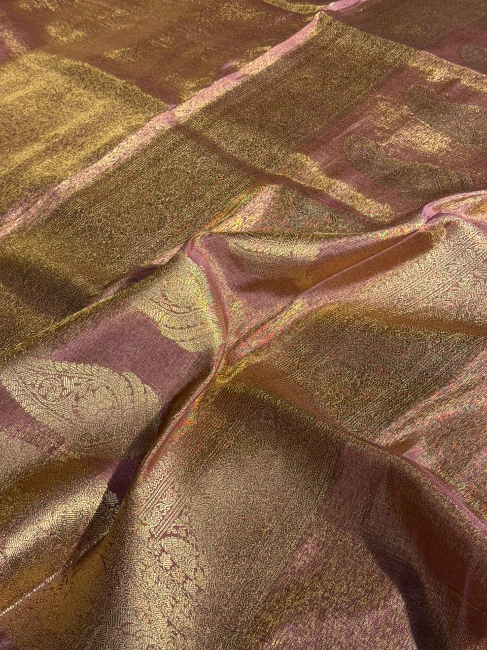 Metallic peach breathable Katan tissue silk Banarasi saree