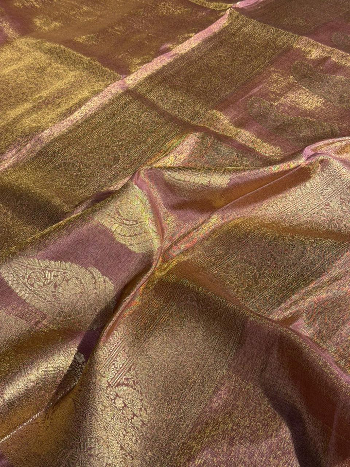 Metallic peach breathable Katan tissue silk Banarasi saree