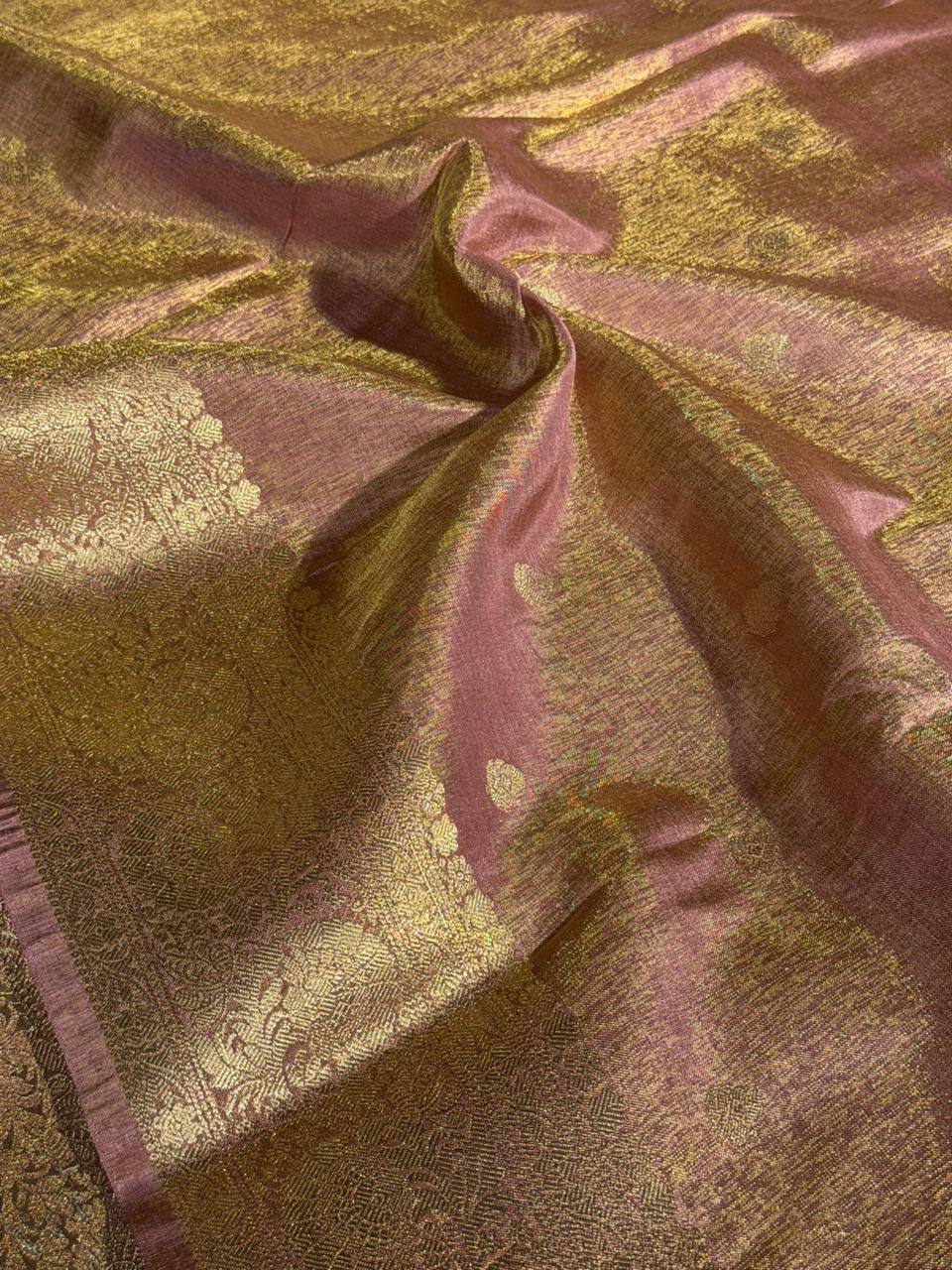 Metallic peach breathable Katan tissue silk Banarasi saree