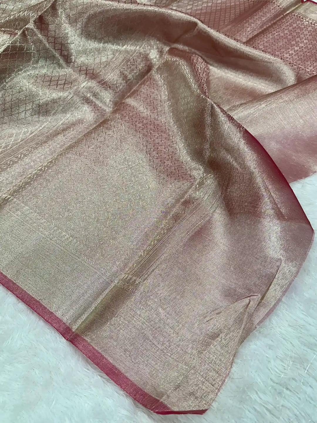 Metallic peach kanjivaram brocade tissue silk saree
