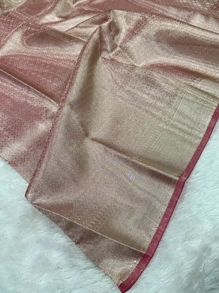 Metallic peach kanjivaram brocade tissue silk saree