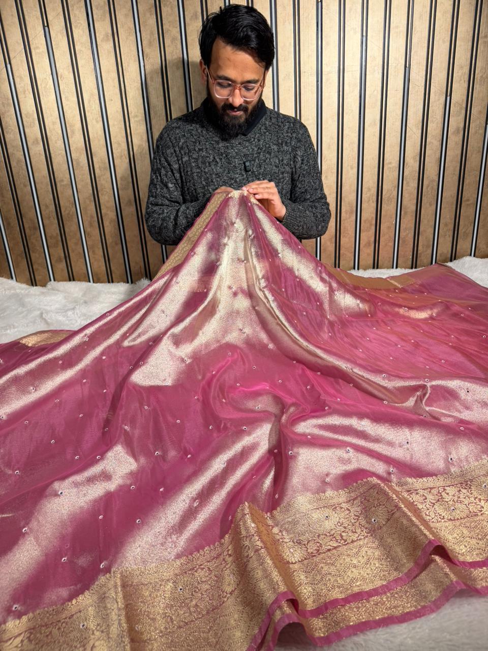 Metallic pink Kora tissue mirror work Banarasi saree